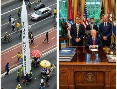 Míssil inflável em ato de Flávio Bolsonaro e Trump com irmãos Bolsonaro - Foto Divulgação